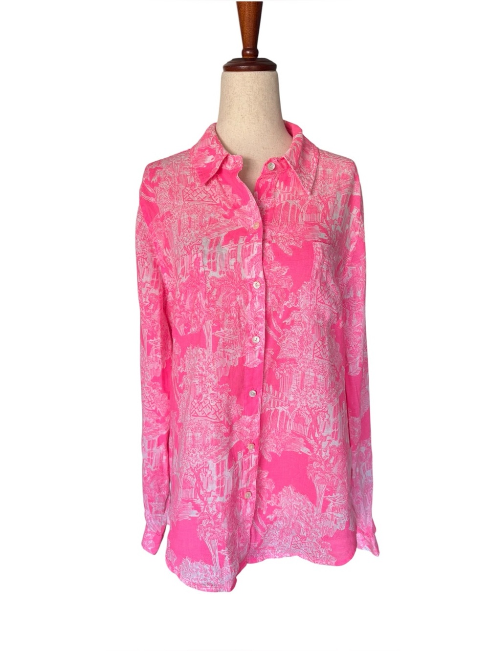 Lilly Pulitzer Sea View Hot Pink Palm Beach Toile Linen Button Down Shirt M